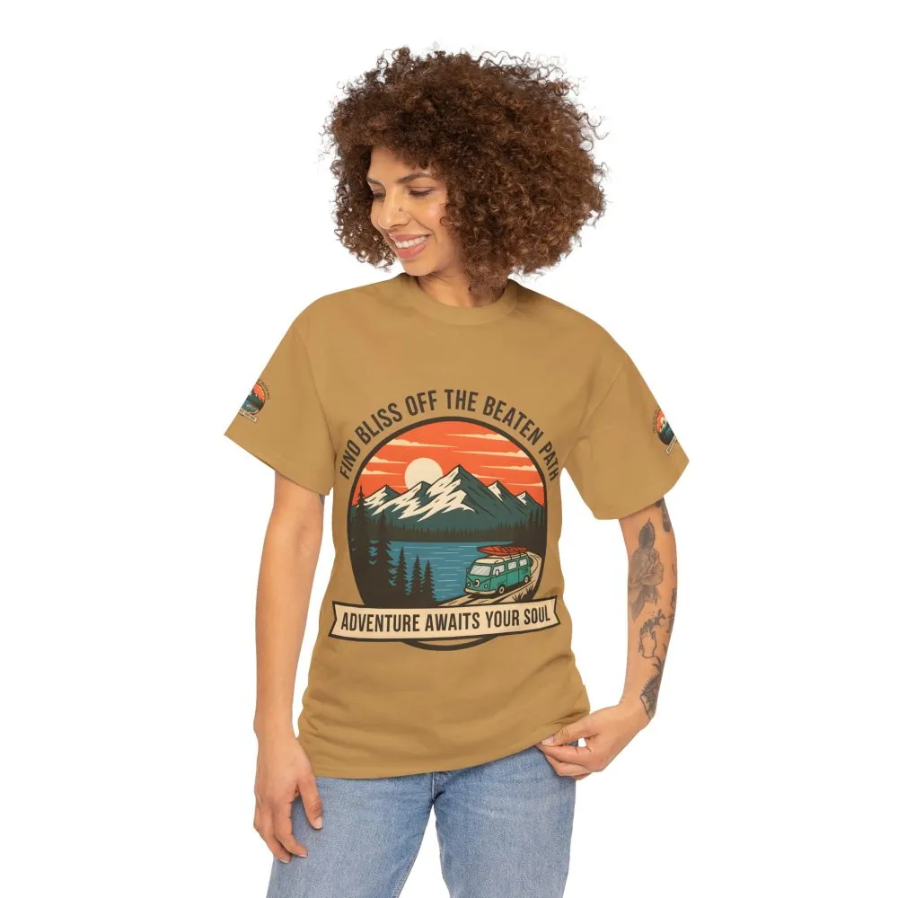 Unisex Heavy Cotton Tee — "Find Bliss Off the Beaten Path" Mountain & Camper T‑Shirt