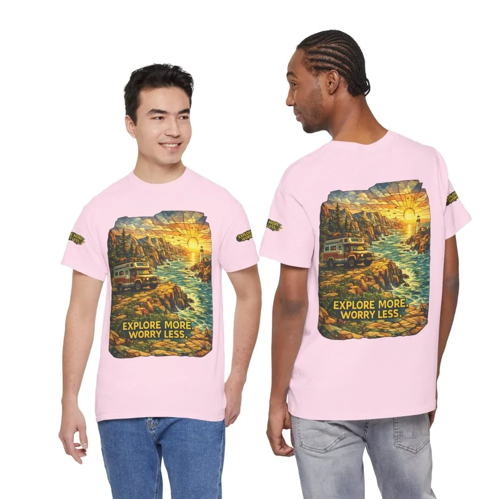 17095300280606871123_2048.jpeg Unisex Heavy Cotton Tee — "Explore More Worry Less" Design Cubic-Line
