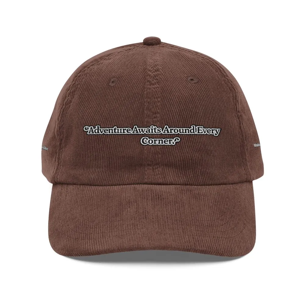 17105159470229409912_2048.jpeg Vintage Corduroy Cap (Embroidery) — "Adventure Awaits Around Every Corner" Embroidered Hat