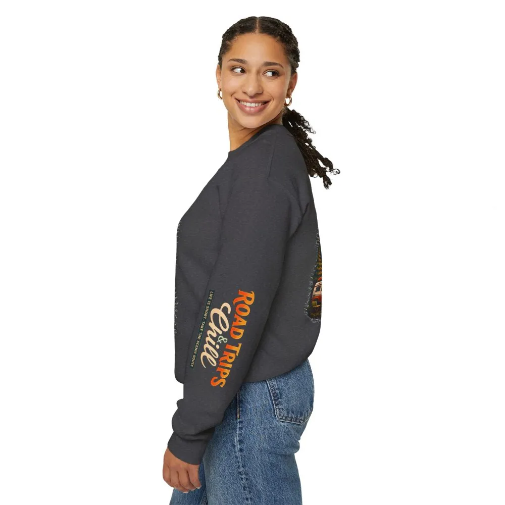 Unisex Heavy Blend™ Crewneck Sweatshirt — "Road Trips & Chill" Design Scenic-Line