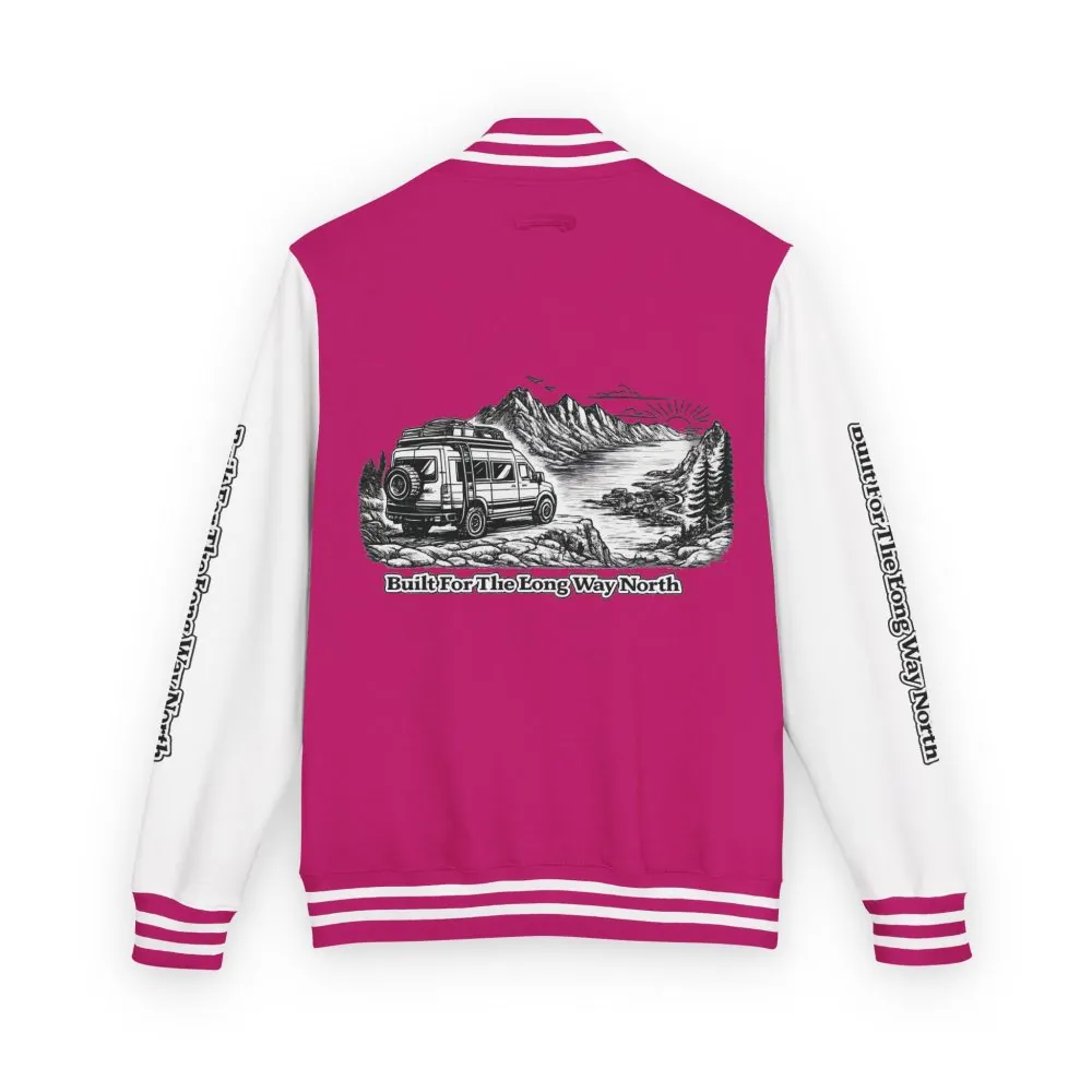 17148880927257969354_2048.jpeg Unisex Heavyweight Letterman Jacket — "Built For The Long Way North" Travel Varsity Coat