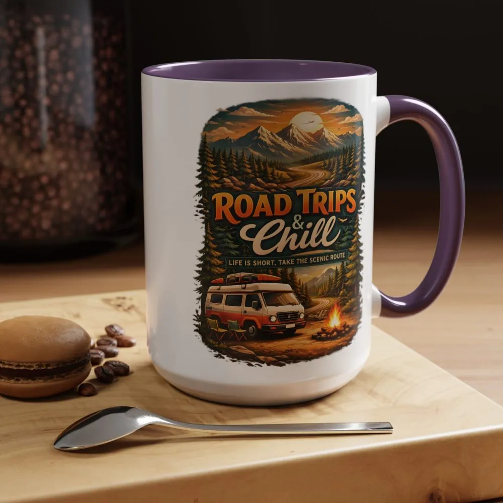 Accent Coffee Mug (11, 15oz) — "Road Trips & Chill" Design Scenic-Line
