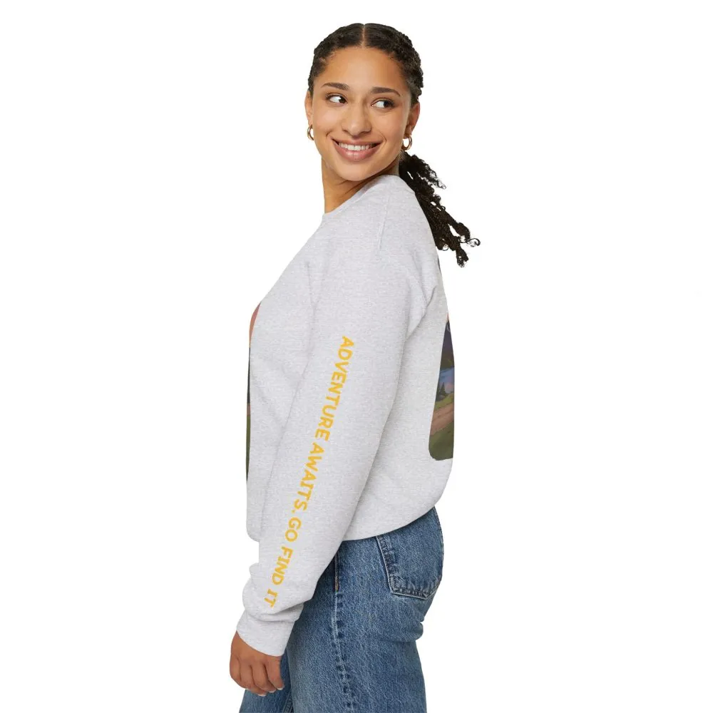 Unisex Heavy Blend™ Crewneck Sweatshirt — "Adventure Awaits-Go Find It" Design Sitcom-Line