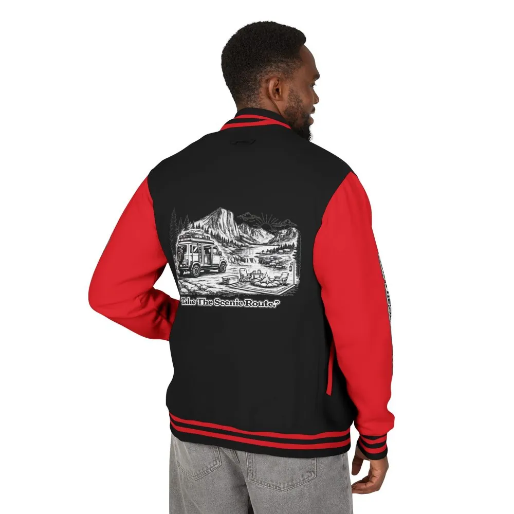 1721754091869901983_2048.jpeg Unisex Heavyweight Letterman Jacket — "Take The Scenic Route" Travel Varsity Coat