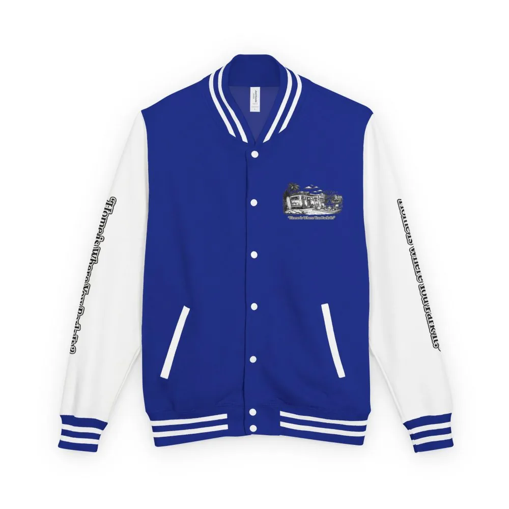 17227360171111761753_2048.jpeg Unisex Heavyweight Letterman Jacket — "Home Is Where You Park It" Travel Varsity Coat