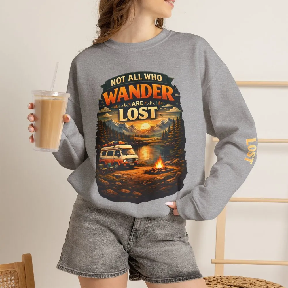 Unisex Heavy Blend™ Crewneck Sweatshirt — "Not All Who Wander Are Lost" Design Scenic-Line