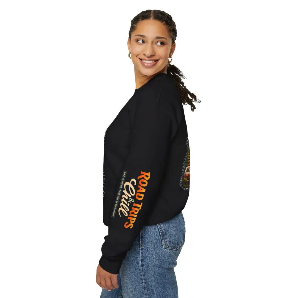 Unisex Heavy Blend™ Crewneck Sweatshirt — "Road Trips & Chill" Design Scenic-Line