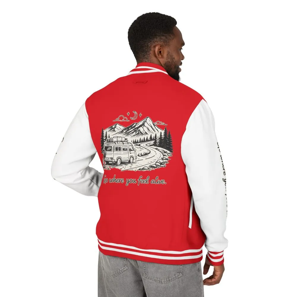 17357817737834453162_2048.jpeg Unisex Heavyweight Letterman Jacket — "Go Where You Feel Alive" Travel Varsity Coat