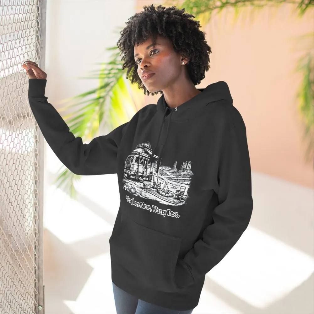 Three-Panel Fleece Hoodie - "Explore More Worry Less" Design Minimal-Line