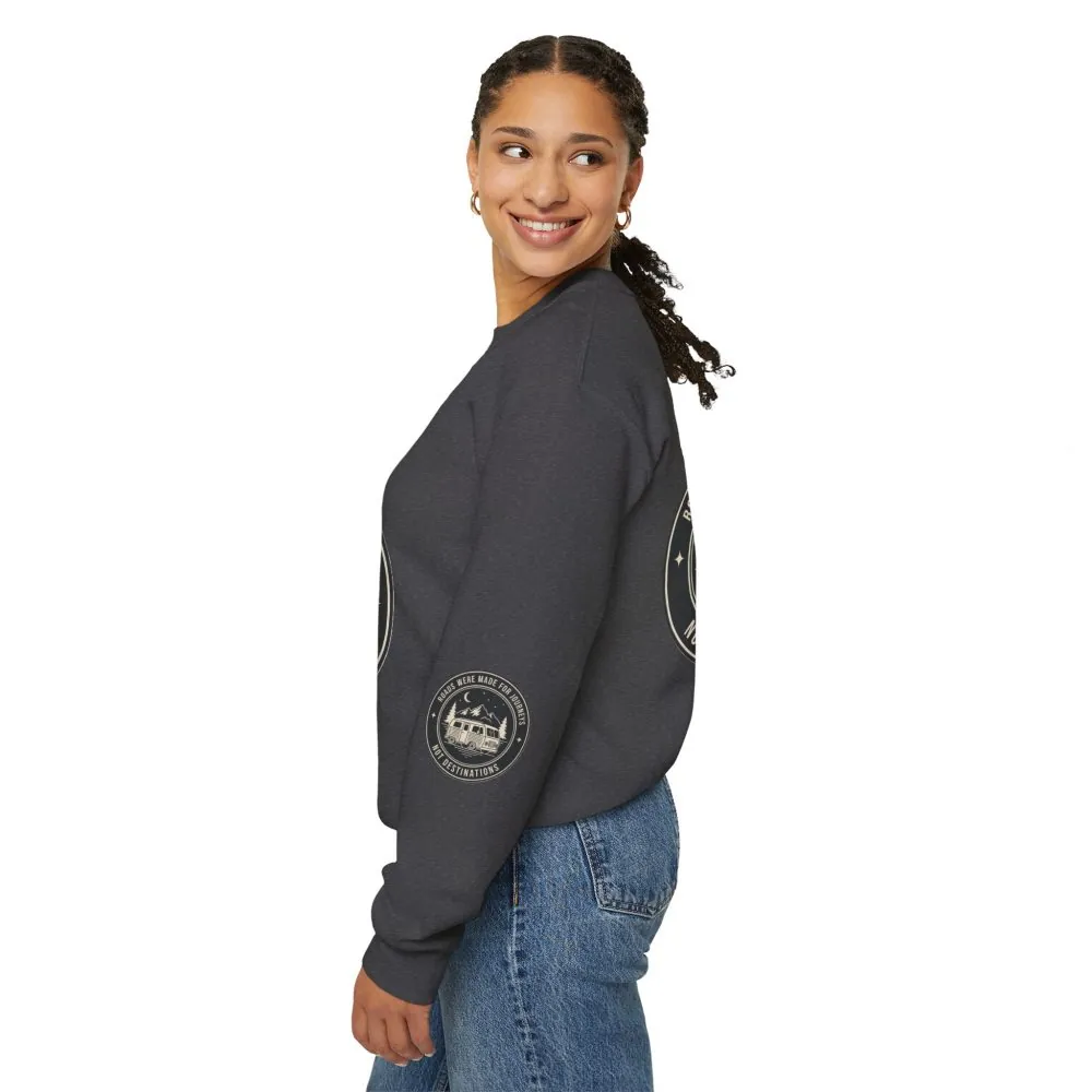 17408942261196618739_2048.jpeg Crewneck Sweatshirt — "ROAD WHERE MADE FOR JOURNEYS-NOT DESTINATIONS" (Font + Back + Sleaves printed) Vintage Camper Van Outdoor Graphic