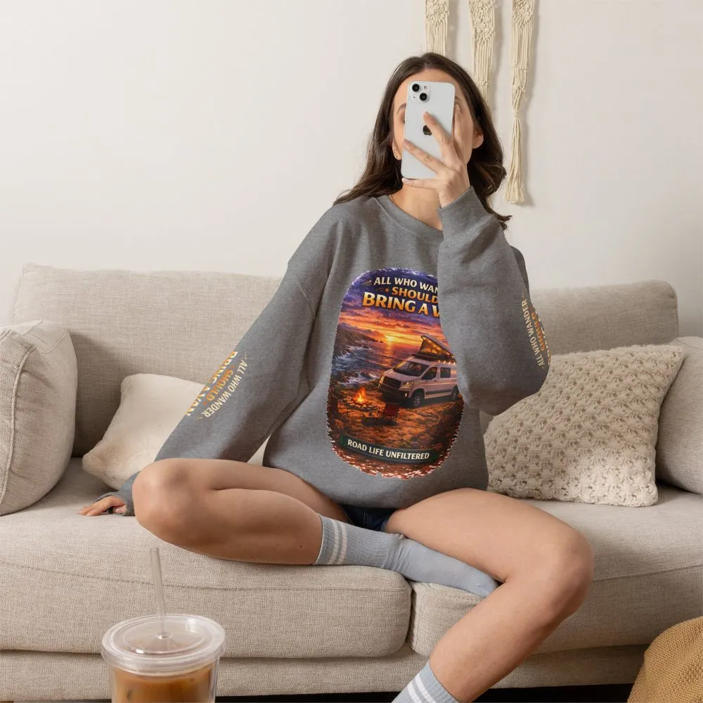 17443813385956989557_2048.jpeg Unisex Heavy Blend™ Crewneck Sweatshirt — "All Who wander Should Bring A Van" Design Scenic-Line