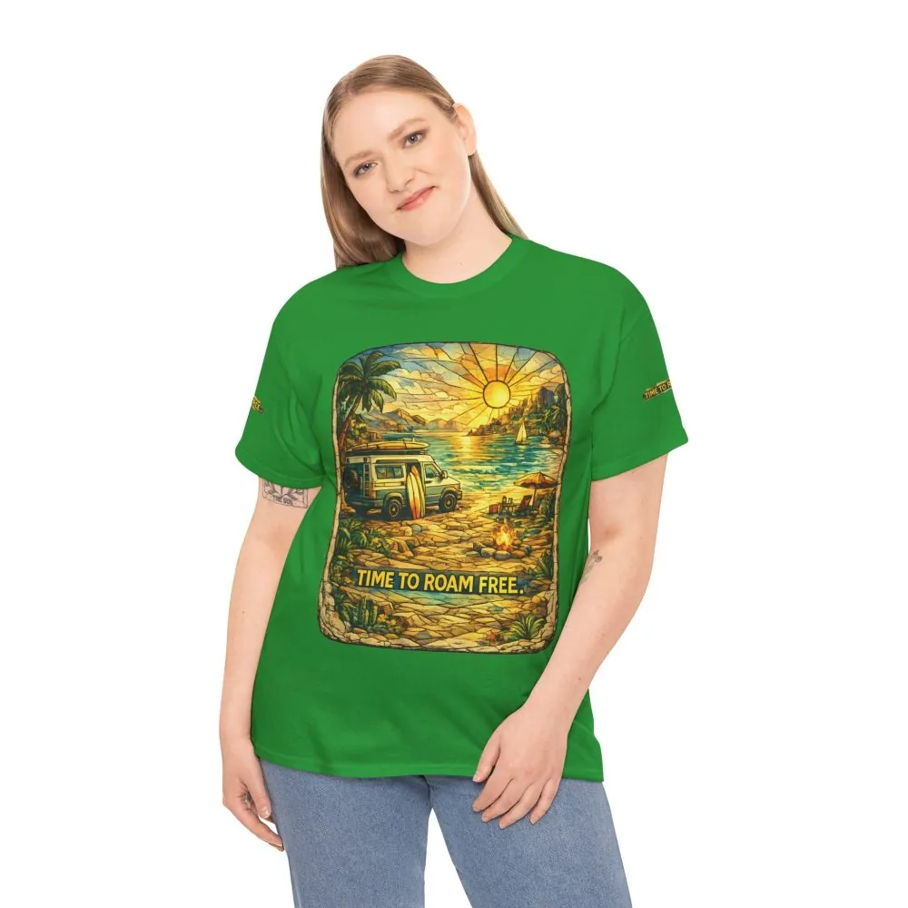 Unisex Heavy Cotton Tee — "Time To Roam Free" Design Cubic-Line