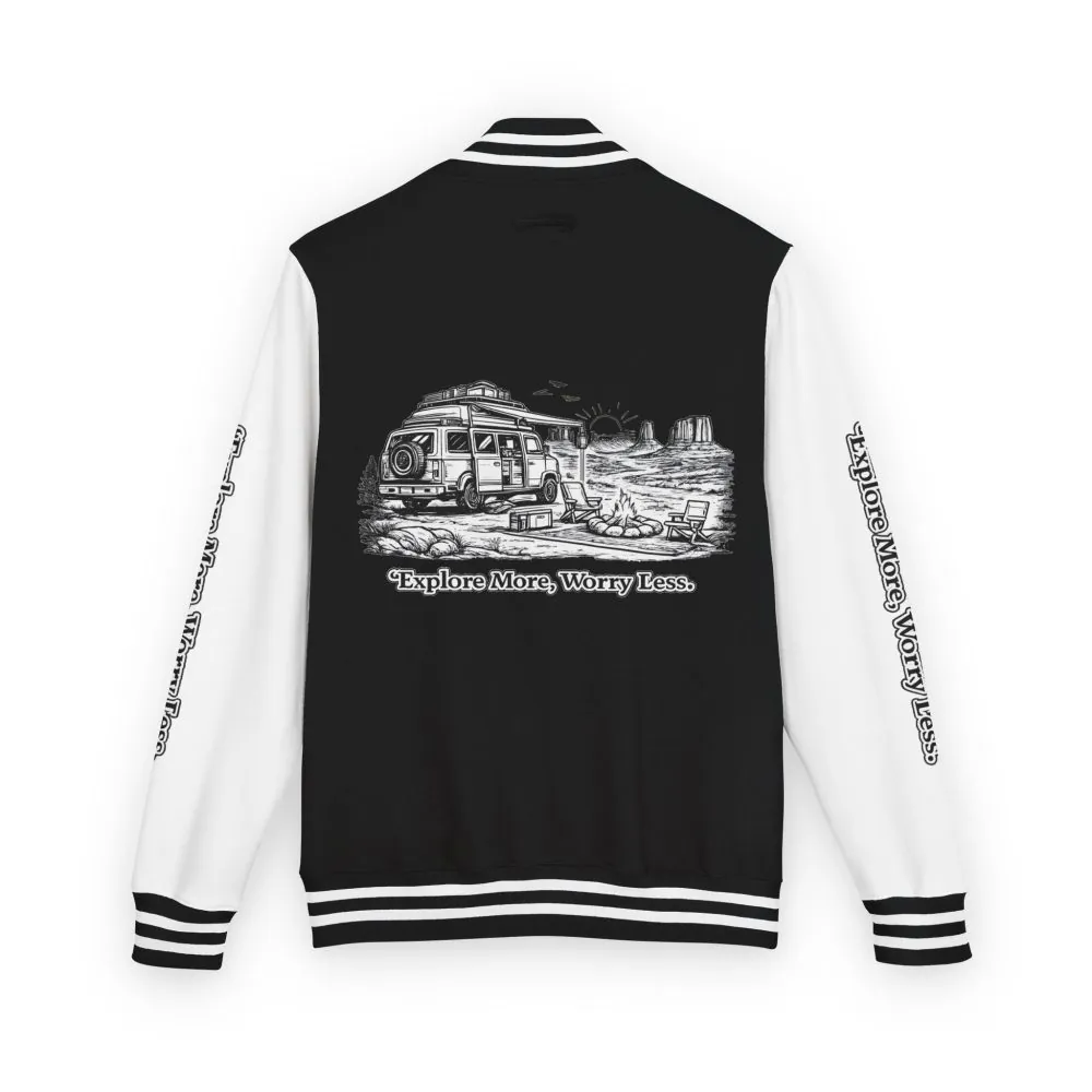 17544333670314861748_2048.jpeg Unisex Heavyweight Letterman Jacket — "Explore More Worry Less" Travel Varsity Coat