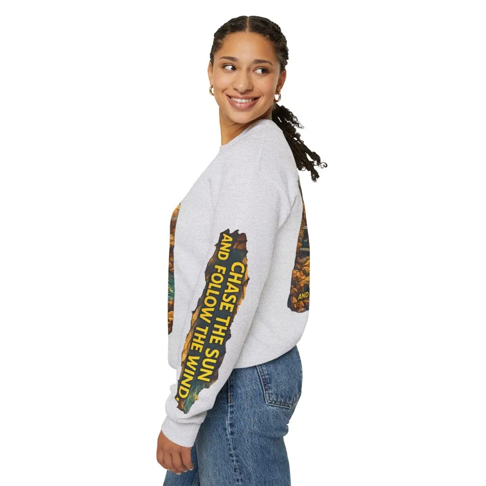 Unisex Heavy Blend™ Crewneck Sweatshirt — "Chase The Sun And Follow The Wind" Design Cubic-Line