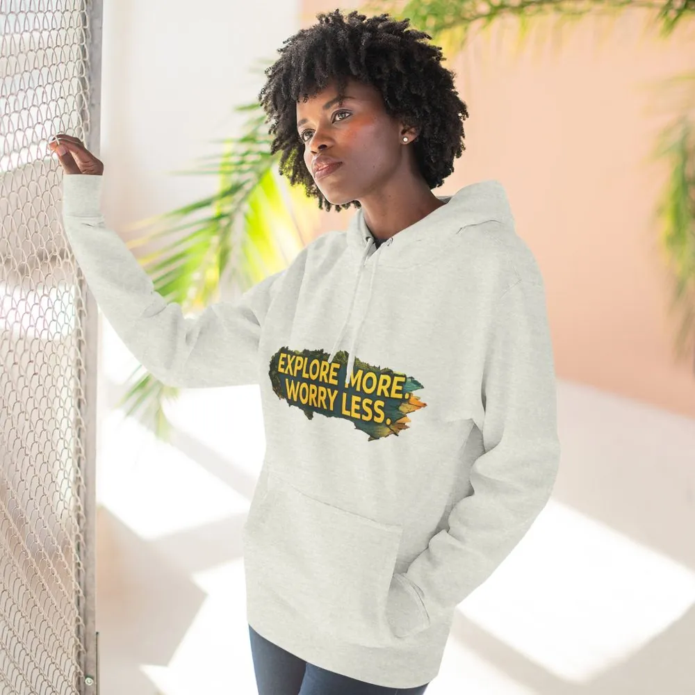 Three-Panel Fleece Hoodie - "Explore More Worry Less" Design Cubic-Line