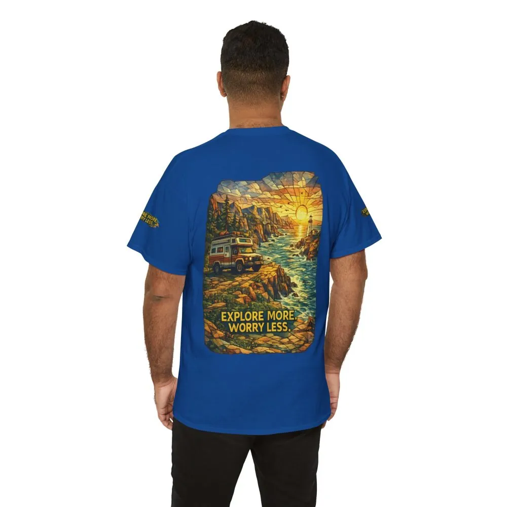 17642331079868485425_2048.jpeg Unisex Heavy Cotton Tee — "Explore More Worry Less" Design Cubic-Line