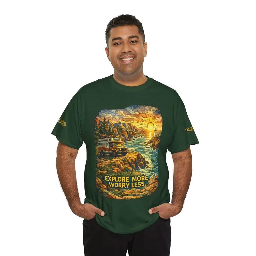 17656709116901529614_2048.jpeg Unisex Heavy Cotton Tee — "Explore More Worry Less" Design Cubic-Line