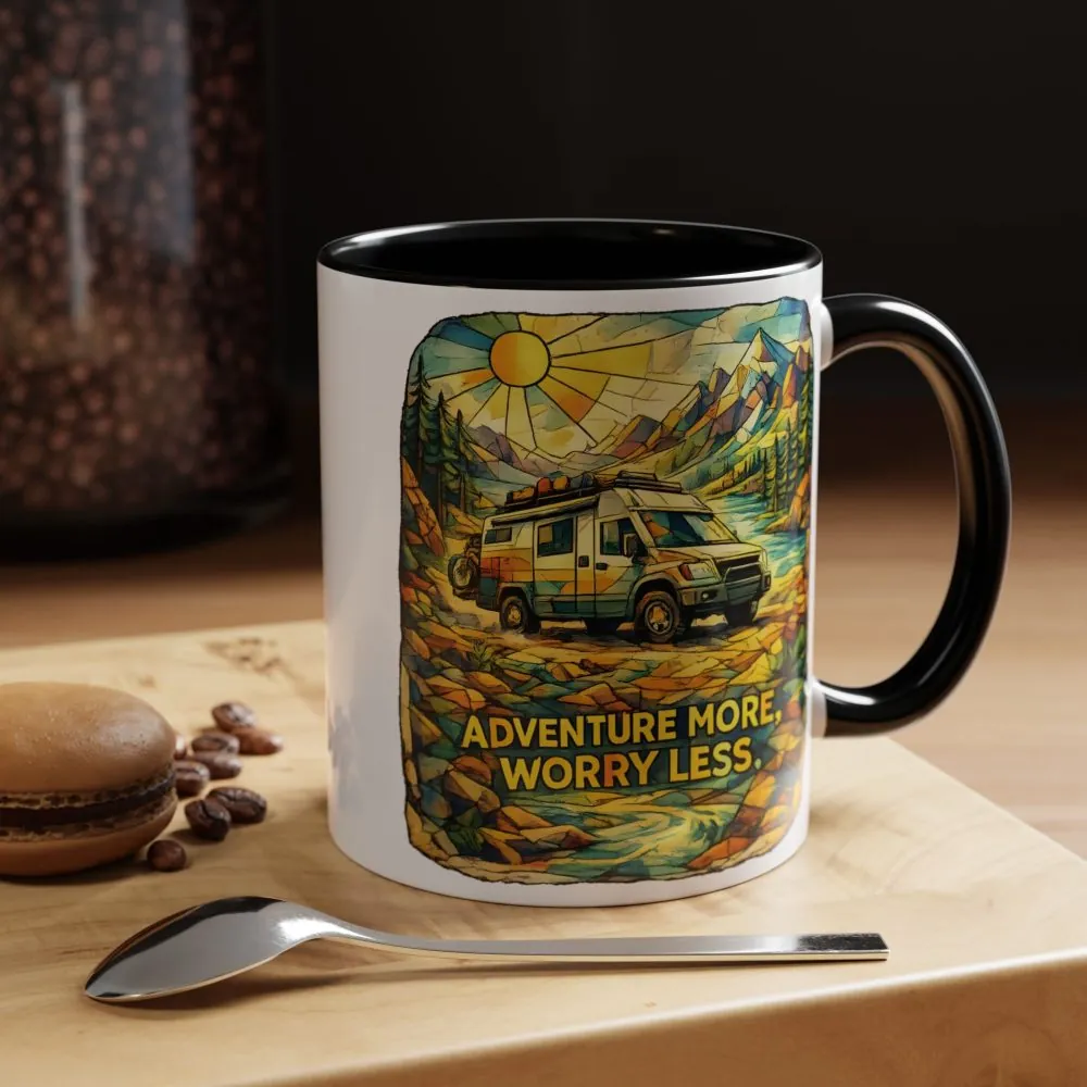 Accent Coffee Mug (11, 15oz) — "Adventure More Worry Less" Design Cubic-Line