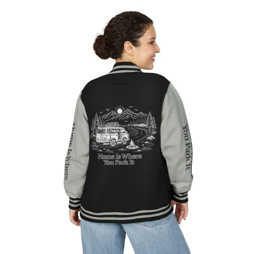 1769806027956310984_2048.jpeg Unisex Heavyweight Letterman Jacket — "Home Is Where You Park It" Travel Varsity Coat