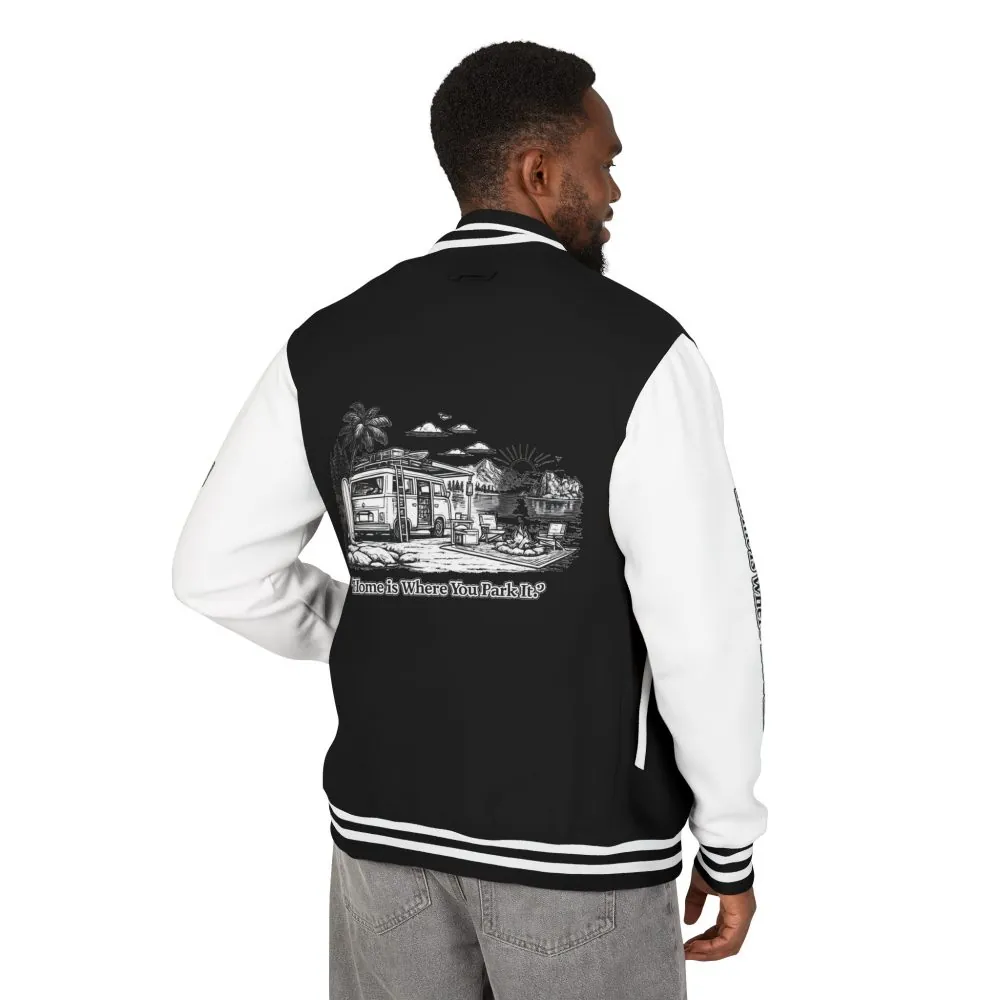 17723460180349371332_2048.jpeg Unisex Heavyweight Letterman Jacket — "Home Is Where You Park It" Travel Varsity Coat
