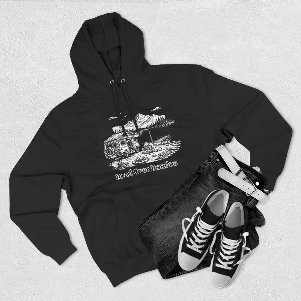 Three-Panel Fleece Hoodie - "Road Over Routine" Design Minimal-Line
