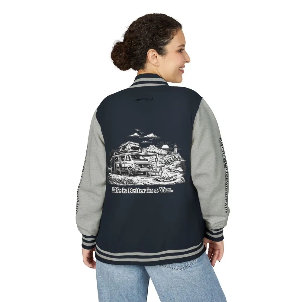 17766401805947165226_2048.jpeg Unisex Heavyweight Letterman Jacket — "Life Is Better In A Van" Travel Varsity Coat