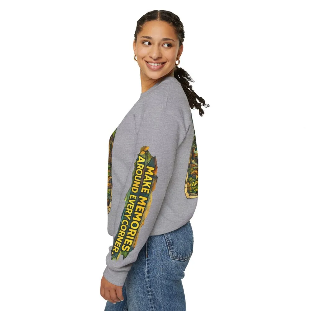 Unisex Heavy Blend™ Crewneck Sweatshirt — "Make Memories Around Every Corner" Design Cubic-Line