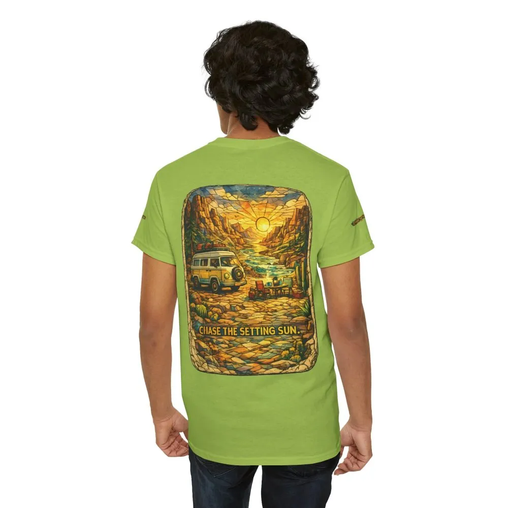 17781912618461603605_2048.jpeg Unisex Heavy Cotton Tee — "Chase The Settings Sun" Design Cubic-Line