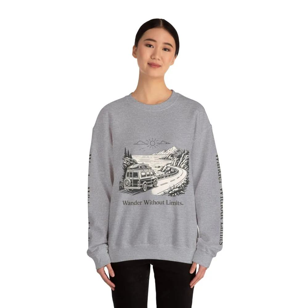 Unisex Heavy Blend™ Crewneck Sweatshirt — "Wander Without Limits" Design Minimal-Line