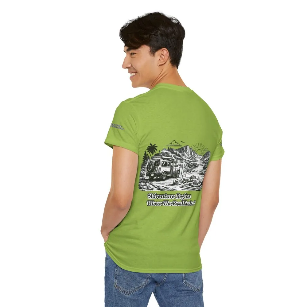 17798747150553049223_2048.jpeg Unisex Heavy Cotton Tee — "Adventure Begins Where The Road Ends" Design Minimal-Line
