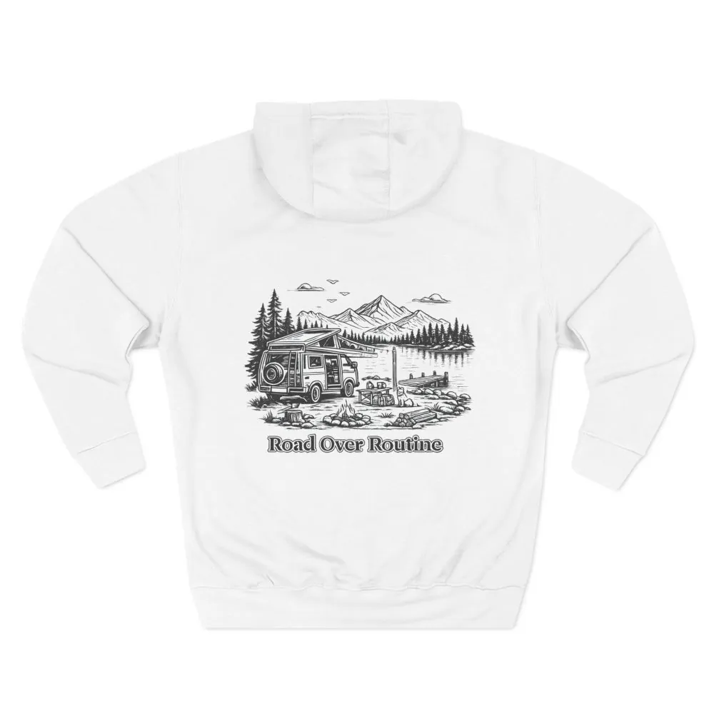 Three-Panel Fleece Hoodie - "Road Over Routine" Design Minimal-Line