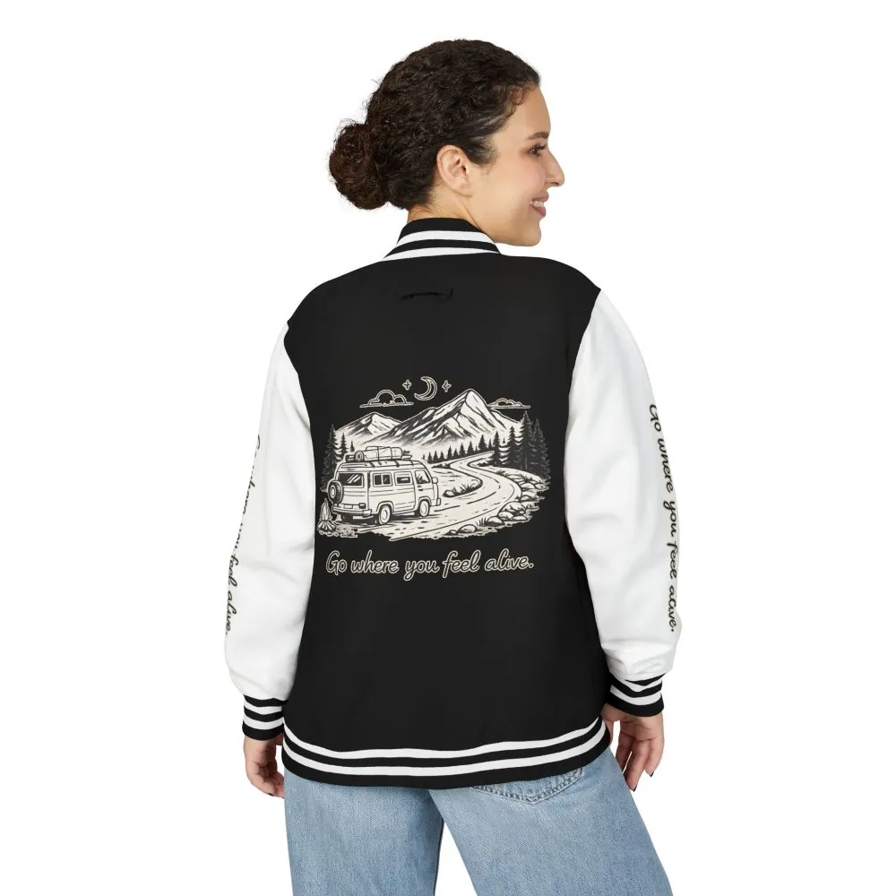 17868159916661740068_2048.jpeg Unisex Heavyweight Letterman Jacket — "Go Where You Feel Alive" Travel Varsity Coat