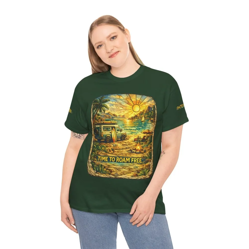 Unisex Heavy Cotton Tee — "Time To Roam Free" Design Cubic-Line