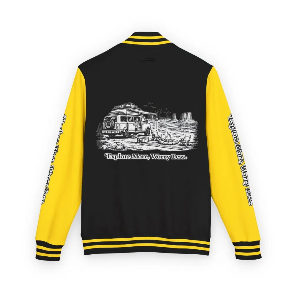 17887193713234694121_2048.jpeg Unisex Heavyweight Letterman Jacket — "Explore More Worry Less" Travel Varsity Coat