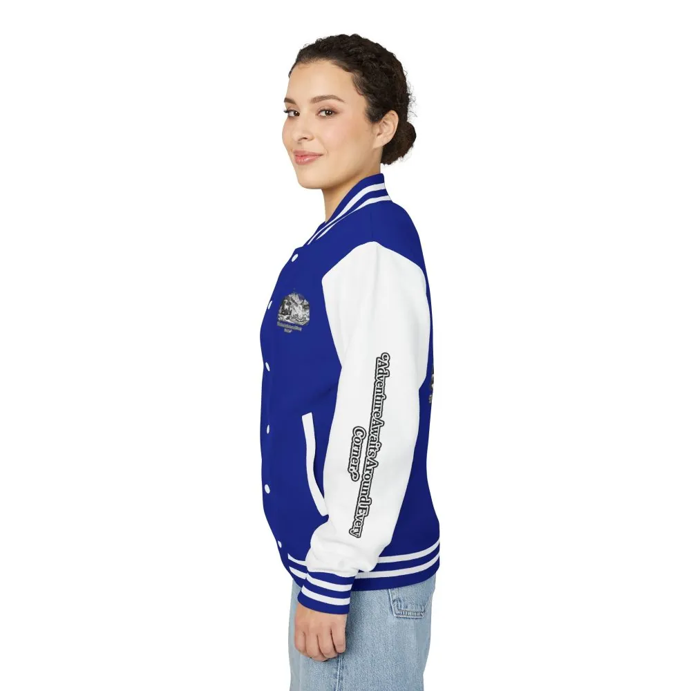 17888078131627447635_2048.jpeg Unisex Heavyweight Letterman Jacket — "Adventure Awaits Around Every Corner" Travel Varsity Coat