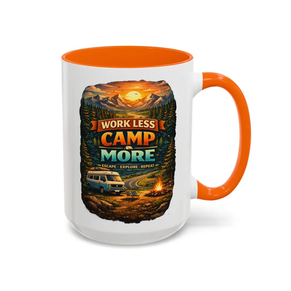 Accent Coffee Mug (11, 15oz) — "Work Less-Camp More" Design Scenic-Line