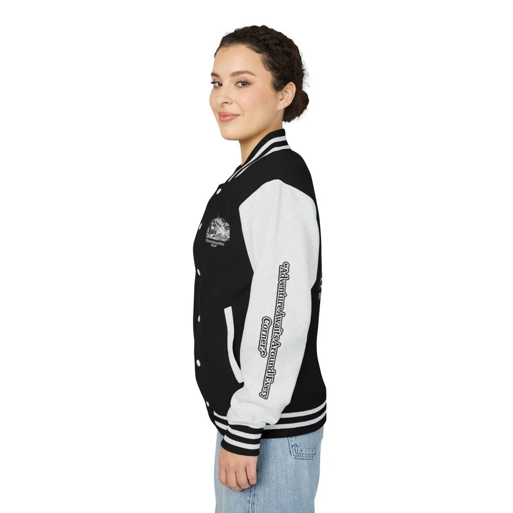 17908539076587582291_2048.jpeg Unisex Heavyweight Letterman Jacket — "Adventure Awaits Around Every Corner" Travel Varsity Coat
