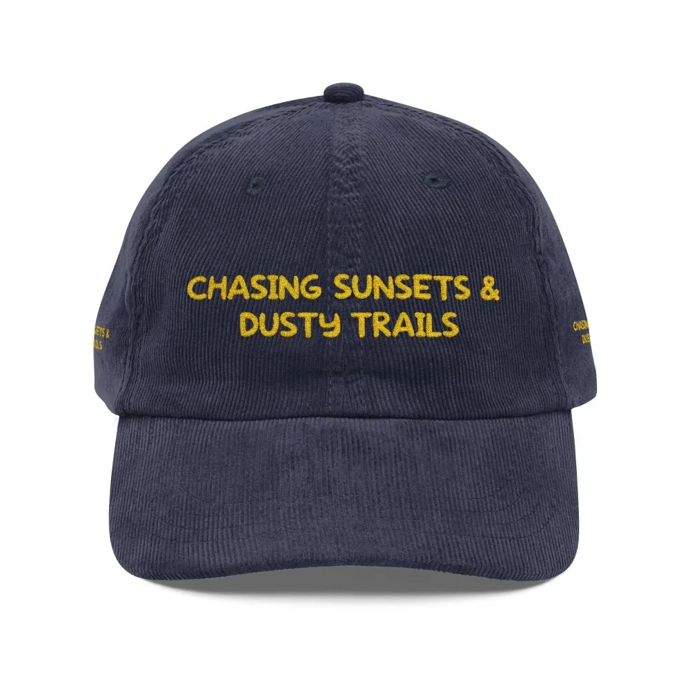 17930479835641385336_2048.jpeg Vintage Corduroy Cap (Embroidery) — "Chasing Sunsets & Dusty Trails" Embroidered Hat