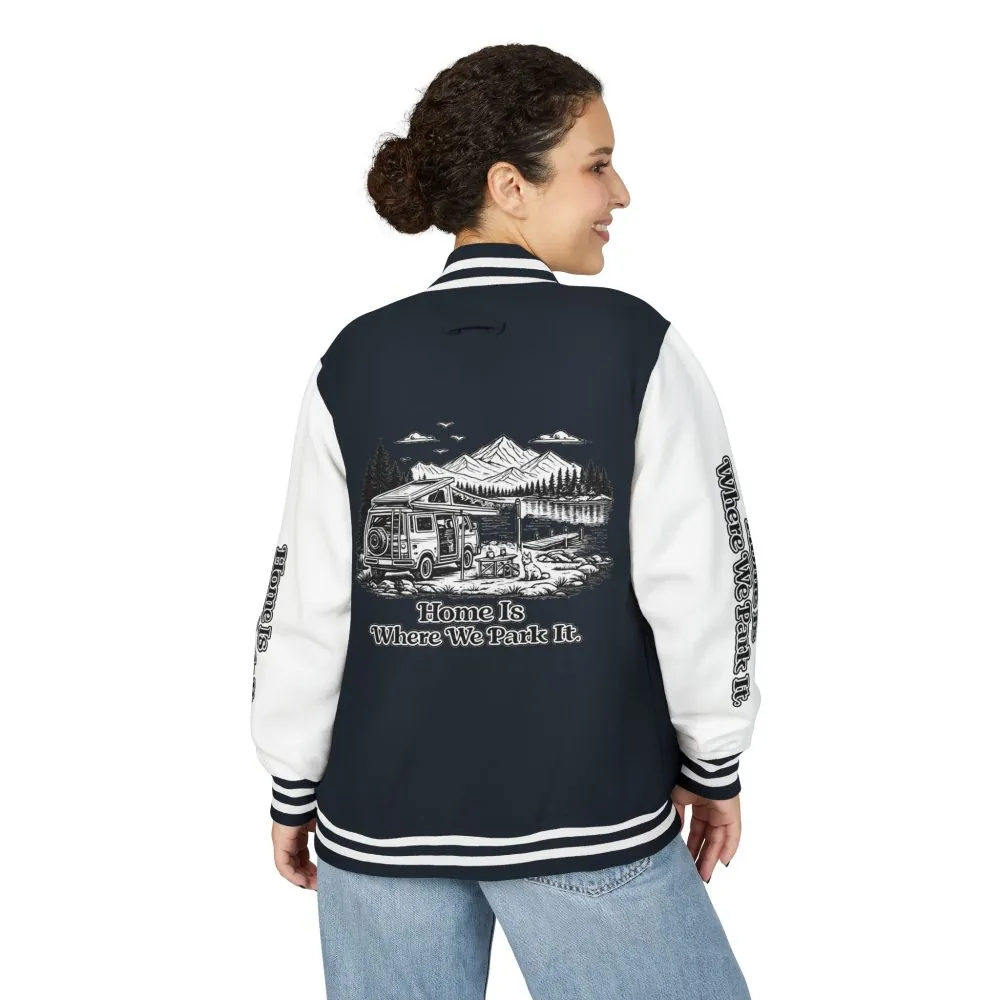 1794000206861505554_2048.jpeg Unisex Heavyweight Letterman Jacket — "Home Is Where You Park It" Travel Varsity Coat