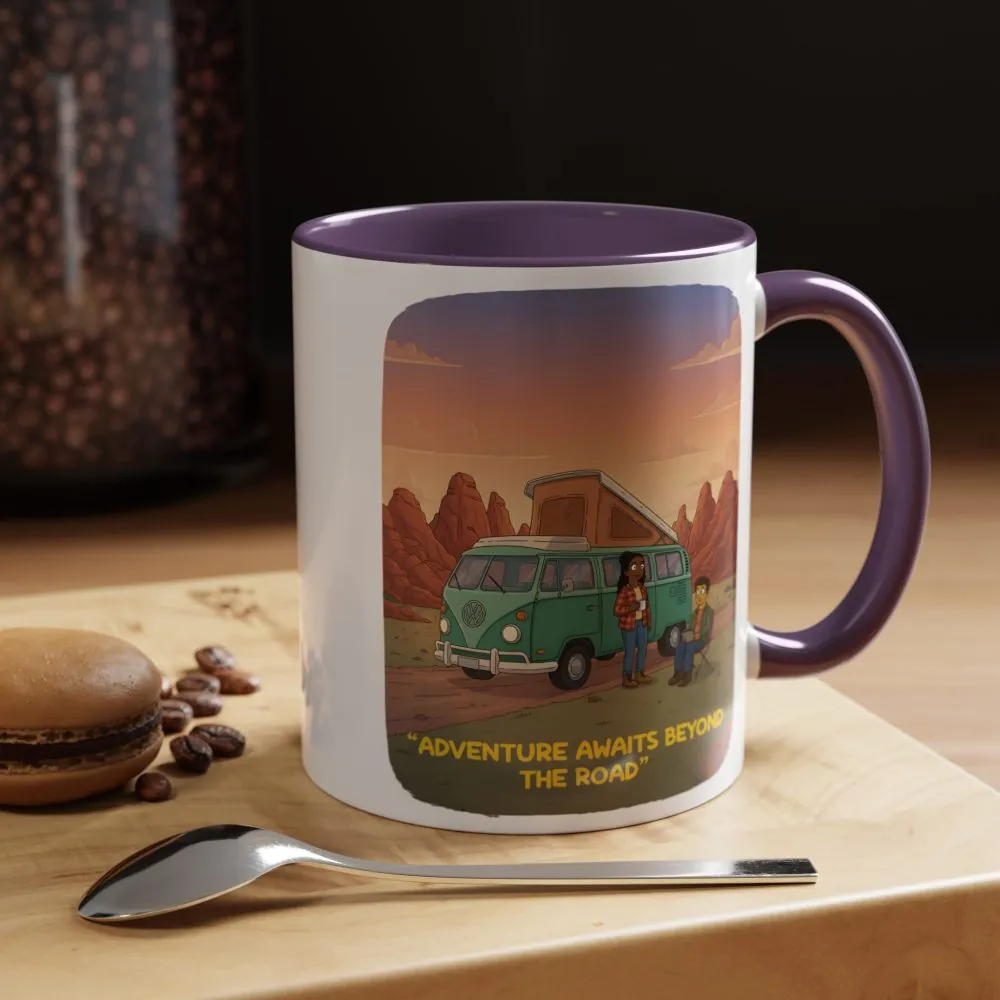Accent Coffee Mug (11, 15oz) — "Adventure Awaits Beyond The Road" Design Sitcom-Line