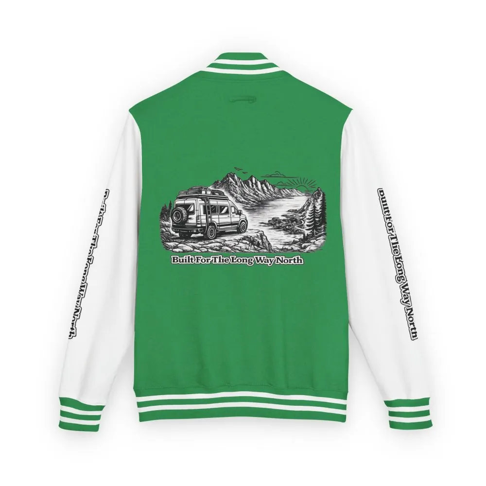 17978716330727506859_2048.jpeg Unisex Heavyweight Letterman Jacket — "Built For The Long Way North" Travel Varsity Coat