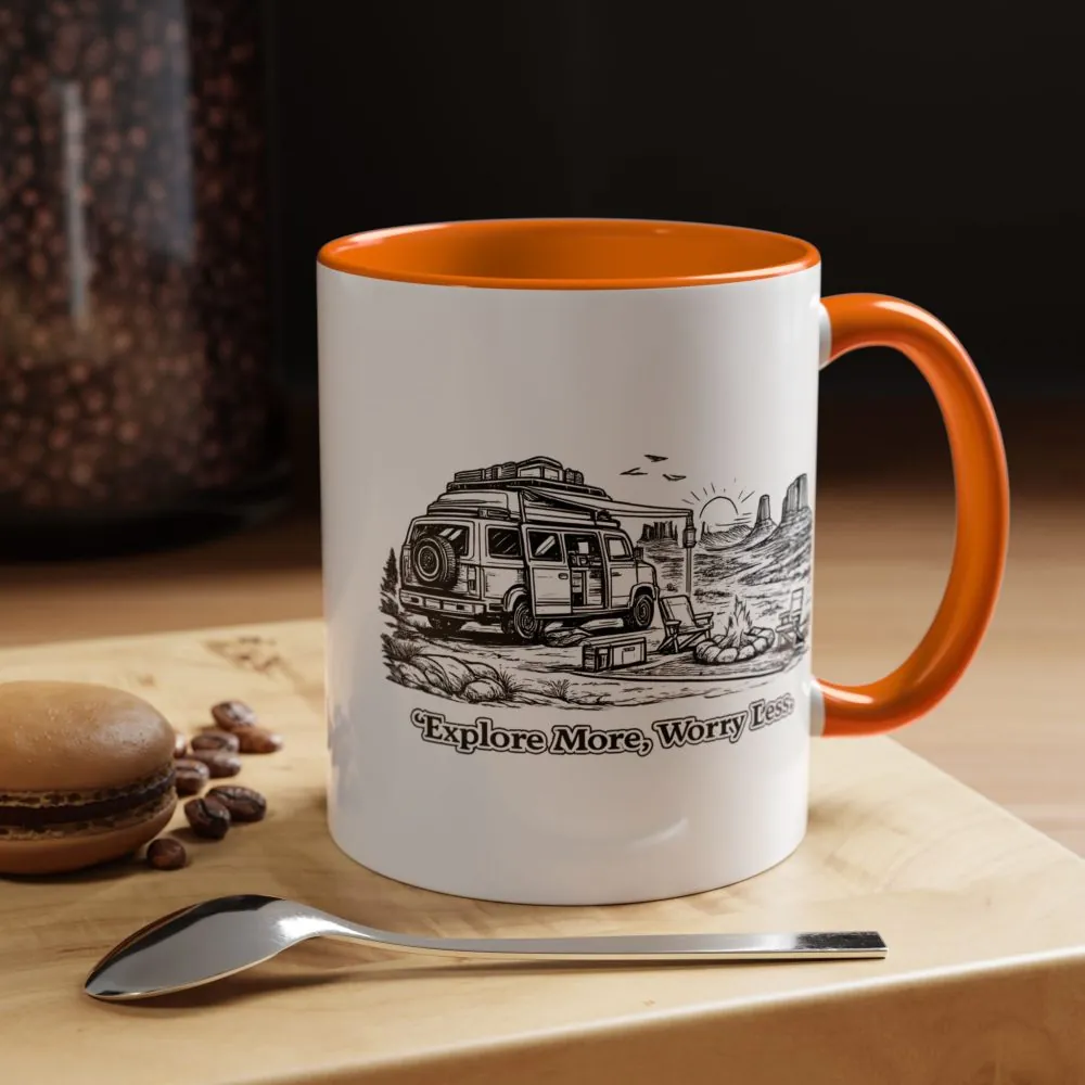 Accent Coffee Mug (11, 15oz) — "Explore More Worry Less" Design Minimal-Line