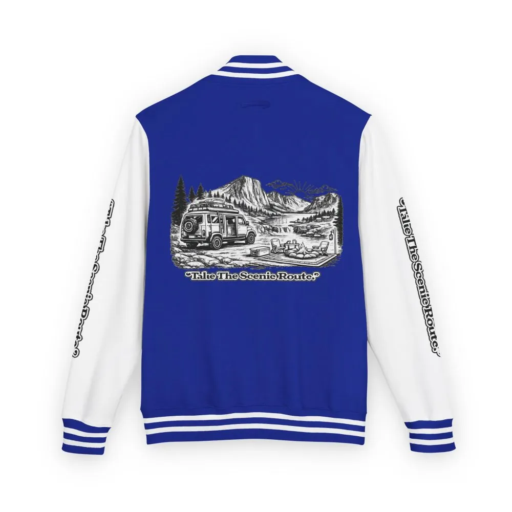 18024666771883419516_2048.jpeg Unisex Heavyweight Letterman Jacket — "Take The Scenic Route" Travel Varsity Coat