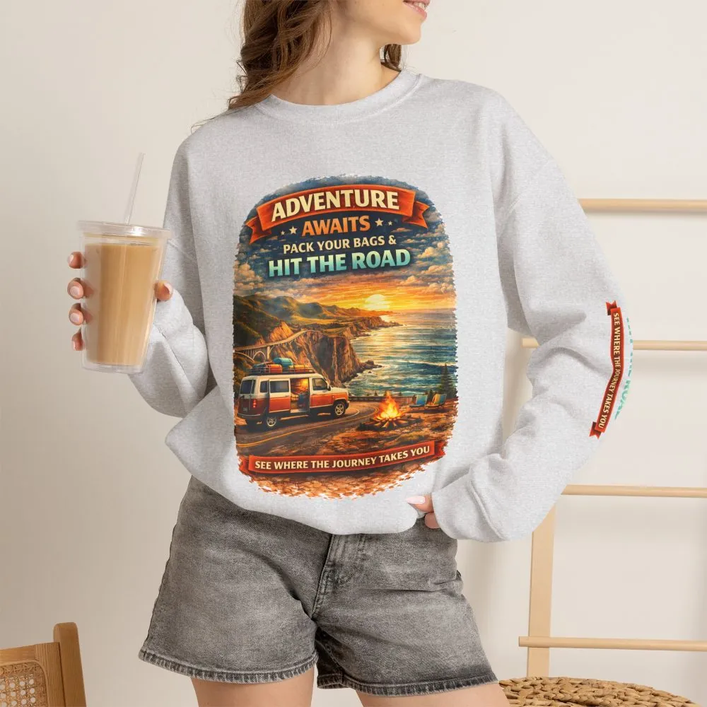 18051089111065435191_2048.jpeg Unisex Heavy Blend™ Crewneck Sweatshirt — "Adventure Awaits-Pack Your Bags" Design Scenic-Line