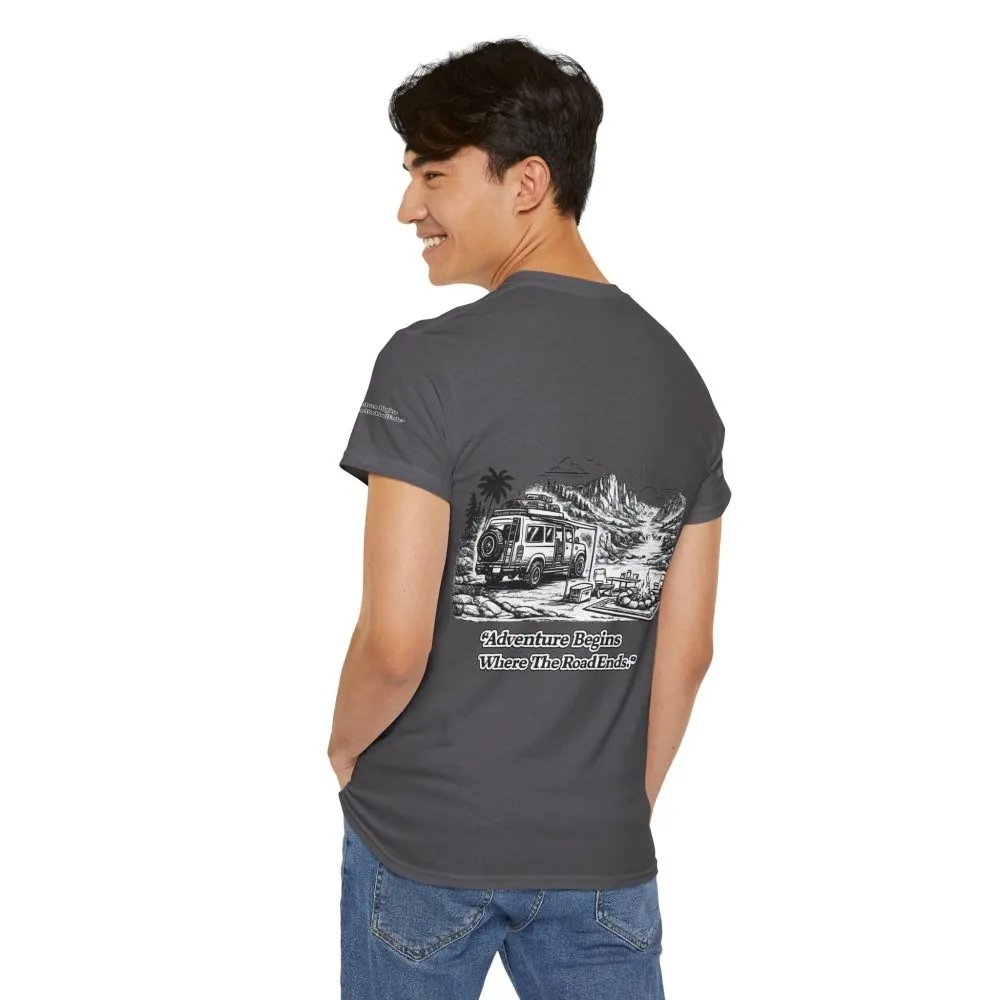 18055451436046676679_2048.jpeg Unisex Heavy Cotton Tee — "Adventure Begins Where The Road Ends" Design Minimal-Line