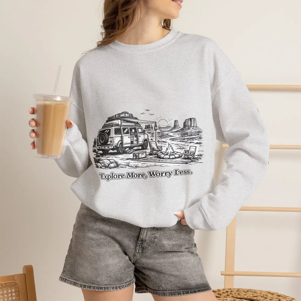 18056693445800838733_2048.jpeg Unisex Heavy Blend™ Crewneck Sweatshirt — "Explore More Worry Less" Design Minimal-Line