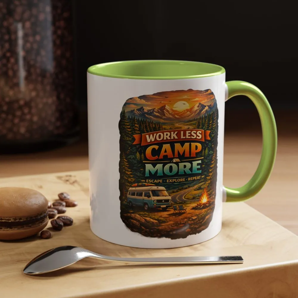 Accent Coffee Mug (11, 15oz) — "Work Less-Camp More" Design Scenic-Line
