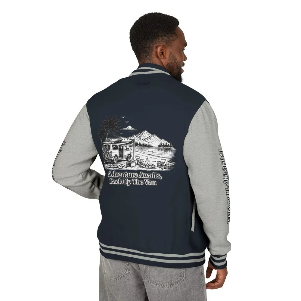 18119851763563356315_2048.jpeg Unisex Heavyweight Letterman Jacket — "Adventure Awaits,Pack Up The Van" Travel Varsity Coat