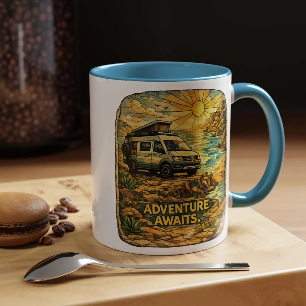 Accent Coffee Mug (11, 15oz) — "Adventure Awaits" Design Cubic-Line