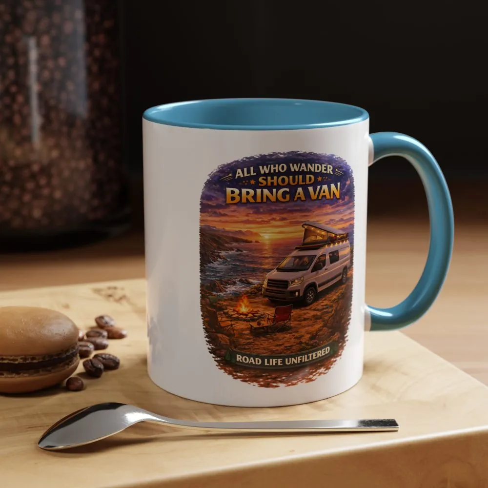 Accent Coffee Mug (11, 15oz) — "All Who wander Should Bring A Van" Design Scenic-Line